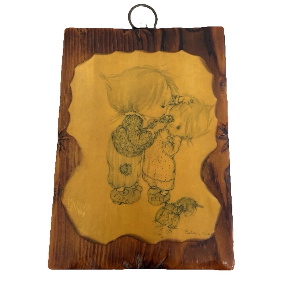 Vtg 70s Betsey Clark Wood Plaque "Ruth & Elli" Girl Drawing Pencil Art Hallmark